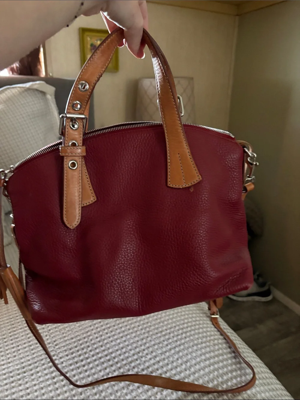 Women's Red Leather Satchel with Tan Trim